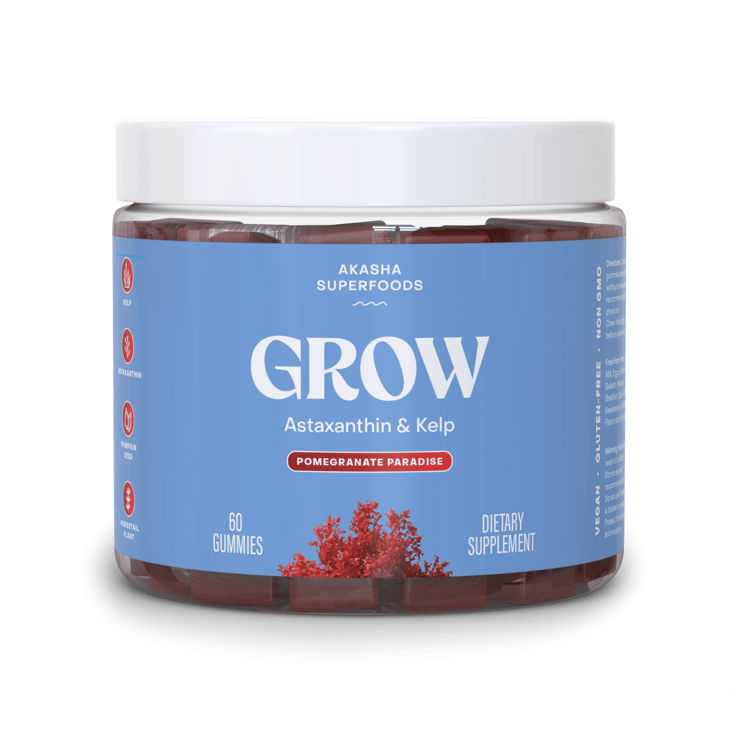 Akasha Superfoods Grow Hair & Beauty Gummies, Supplement With Zinc, Vitamin E, Astaxanthin, Kelp, & Pumpkin Seed, Plant Based Gummies For Women & Men, Gluten Free, Vegan, American Made, 60 Count