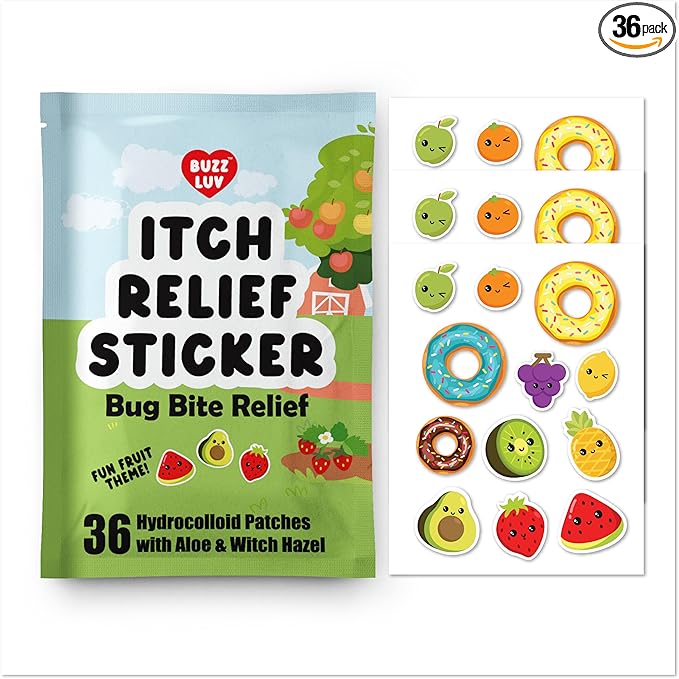 Buzzluv Hydrocolloid Itch Relief Patch, For Mosquitos, Ticks, Midges, Sandflies Bug Bite Relief, Anti-Itch Patch With Aloe And Witch Hazel, Insect Bite Relief, Kid-Friendly, Natural Fruit Theme