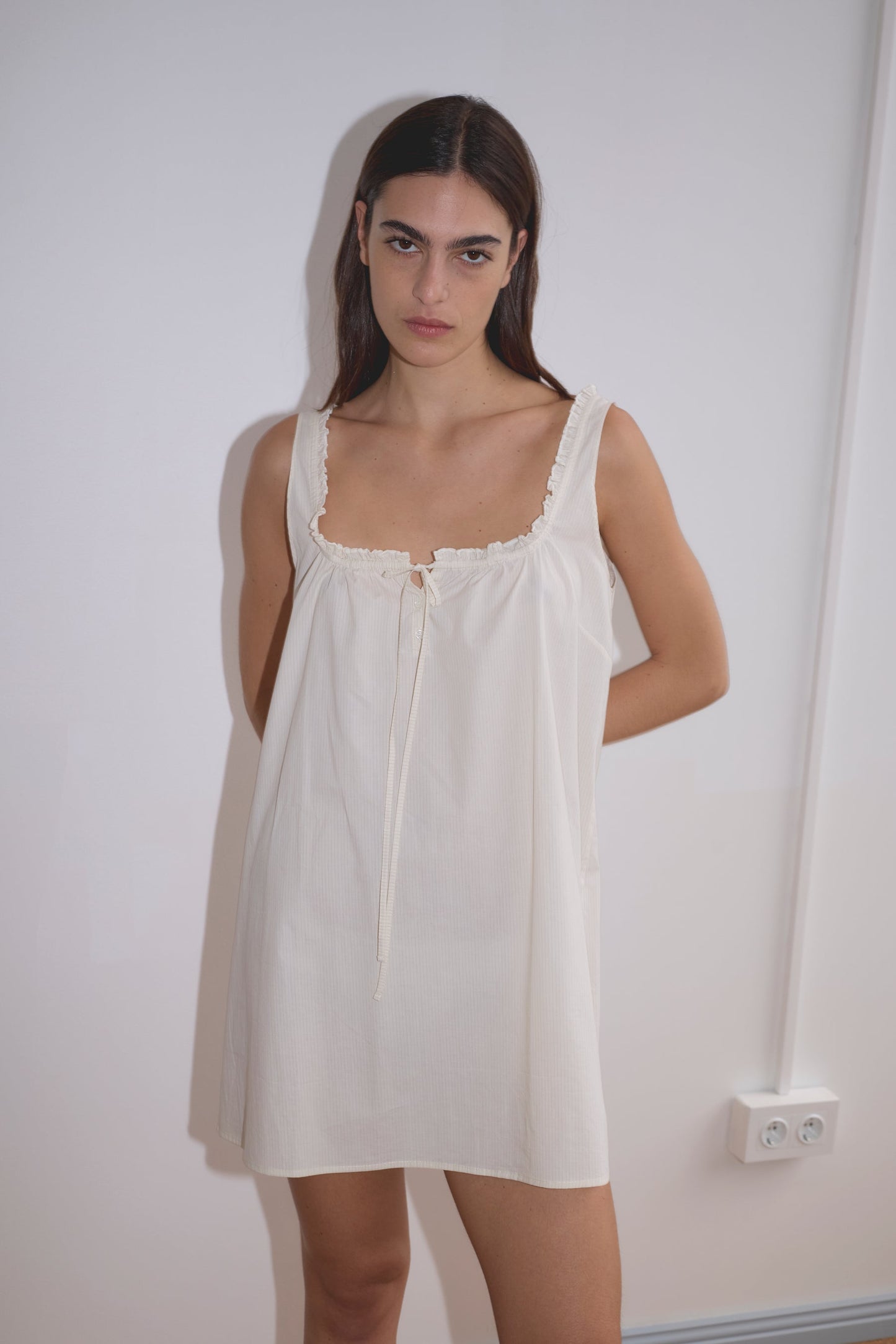 Button Frill Mini Dress (Stone Stripe) (XS/S/M/L)