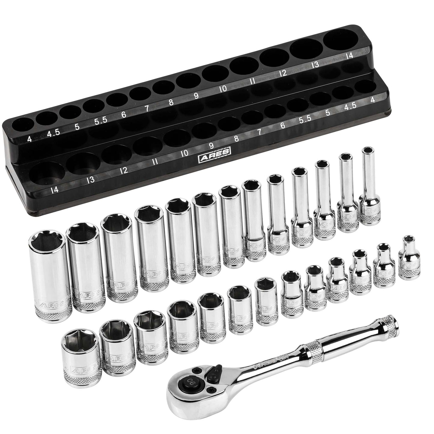 28pc 1/4" Dr. MM 90T Ratchet And Socket Set W/mag Organizer