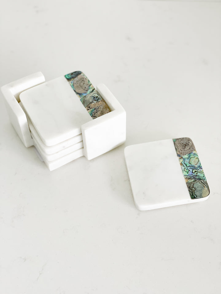 Rainbow Mother Of Pearl White Marble Coasters With Holder (set Of 4)(4 1/2" W X 4 1/2”L X 2 5/8"H)