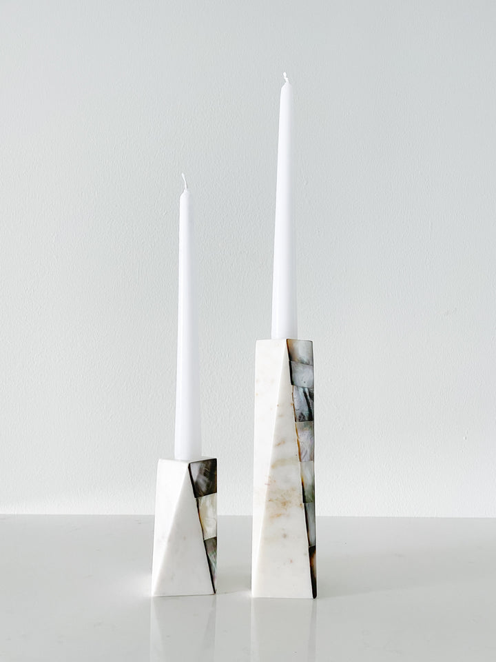 White Marble Grey Mother Of Pearl Candle Holder - Large (8" H, Top With: 1 3/8 "W, Bottom Width: 2", Candle Hole Is 21mm Wide)AND White Marble Salt Cellar With Spoon And Mother Of Pearl Inlay(stone+ss)(3"W X 3"H X 3"D)