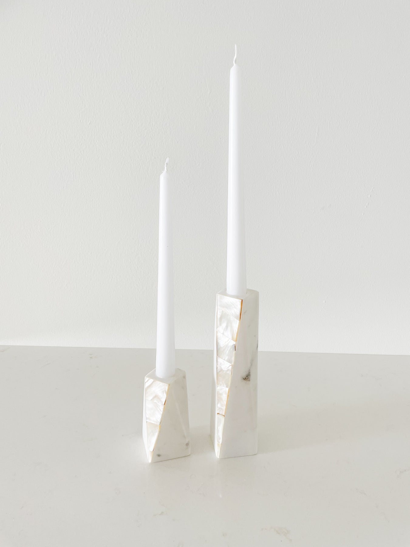 White Marble Mother Of Pearl Candle Holder - Small (4" H, Top With: 1 3/8 "W, Bottom Width: 2", Candle Hole Is 21mm Wide)