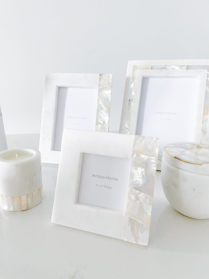 White Mother Of Pearl White Marble Picture Frame 4x6(stone+glass+mdf) AND Mother Of Pearl White Marble Dcor Box (Large)(7"L X 5"W X 3"H)