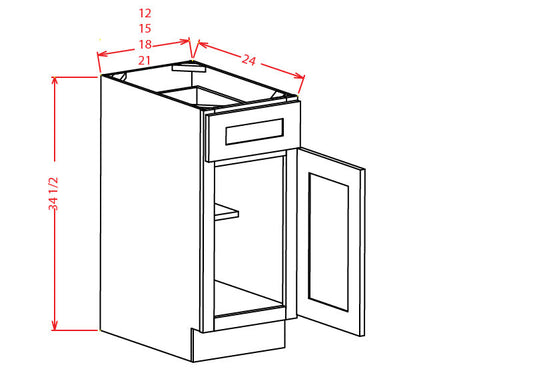 Base Cabinet - 12"W X 34-1/2"H X 24"D - 1D, 1Drw, 1S, Wall Cabinet - 24"W X 30"H X 12"D - 1D -2S