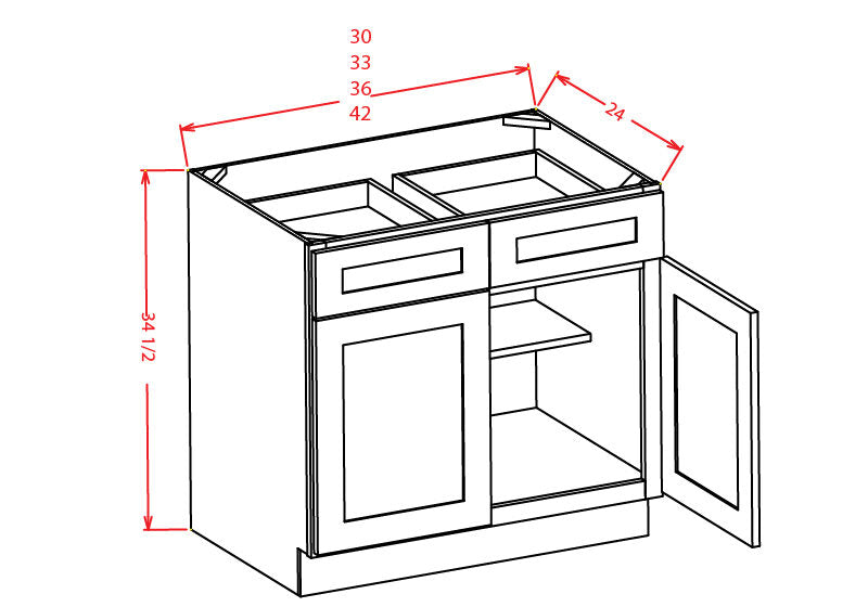 Base Cabinet - 30"W X 34-1/2"H X 24"D - 2D, 2Drw, 1S