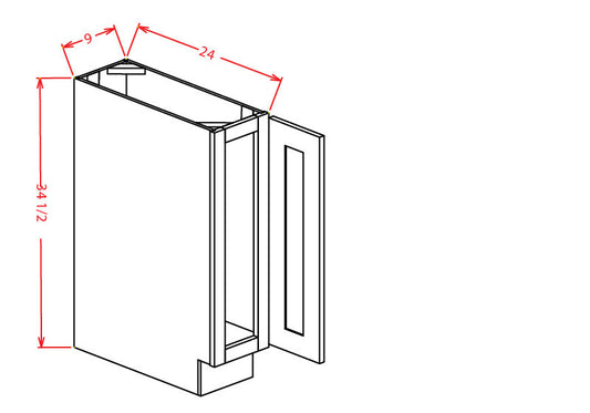 Base Cabinet - 9"W X 34-1/2"H X 24"D - 1D, Wall Cabinet - 18"W X 36"H X 12"D - 1D -2SWall Cabinet - 21"W X 42"H X 12"D - 1D -2S