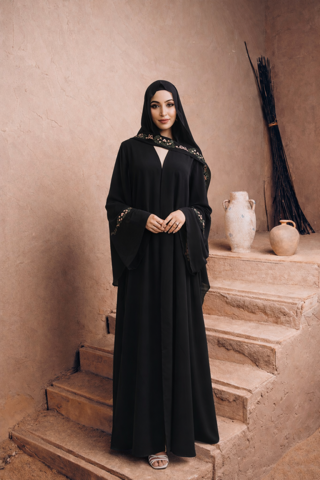 Nida Embroidered Open Abaya And HIjab Set (all Sizes)(all Colors)