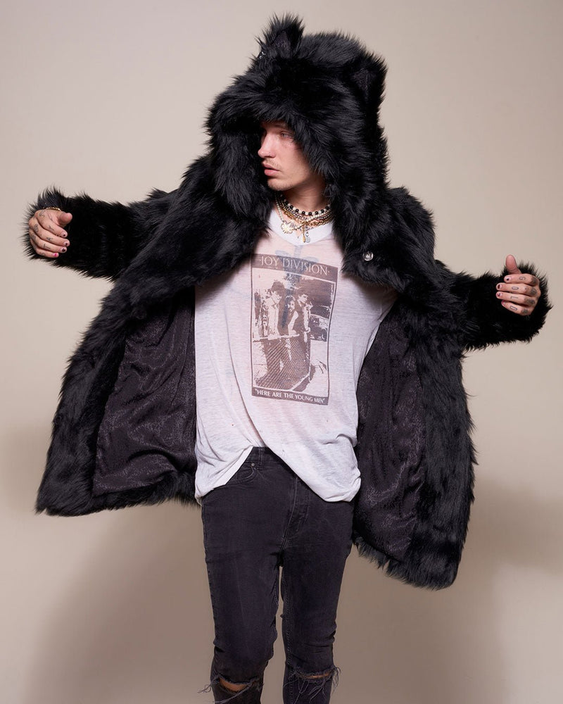 MENS BLACK WOLF CLASSIC FAUX FUR COAT 1297 (all Sizes)