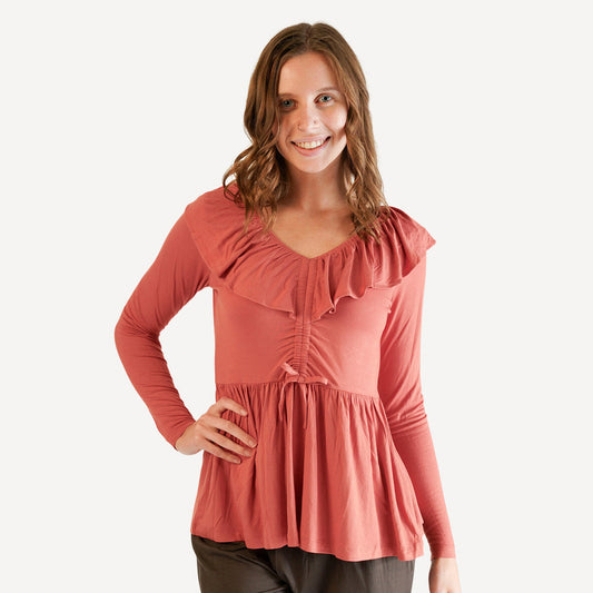 Womens Long Sleeve V-neck Ruffle Top (all Sizes, All Colors)