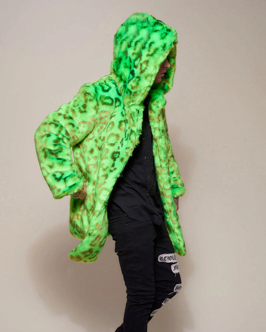 Hooded Faux Fur Coat | Neon Green Leopard (all Sizes)