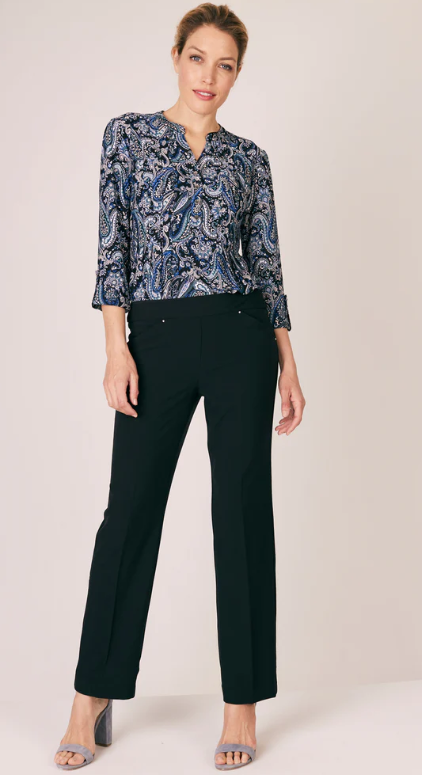 Roz & Ali Secret Agent Pull On Tummy Control Pants Cateye Pockets With Rivets, Plus - NAVY, BLACK  - Short Length (BLACK) - Tall Length (BLACK) (All Sizes)