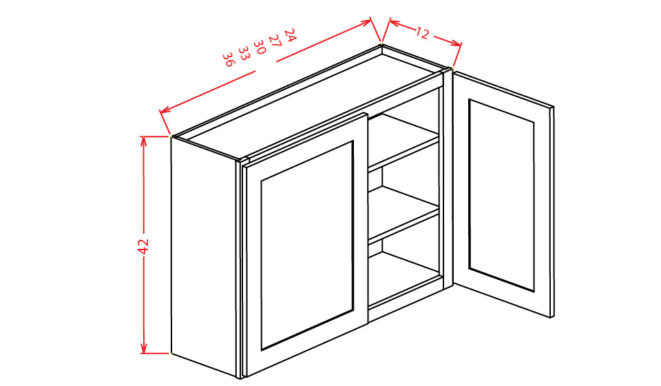 Wall Cabinet - 27"W x 42"H x 12"D - 2D -3S, Base Cabinet - 21"W x 34-1/2"H x 24"D - 1D, 1Drw, 1S